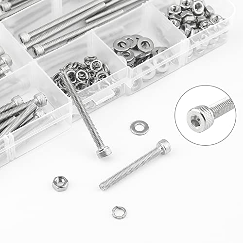 HELIFOUNER 200 Pieces M4 x 30mm /35mm /40mm /45mm /50mm, Hex Socket Head Cap Metric Screws Bolts Washers Nuts Kit, 304 Stainless Steel - size: M4 x 30/35/40/45/50mm