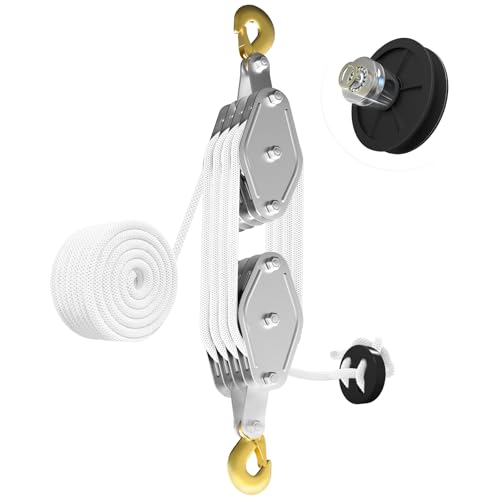YATOINTO Rope Pulley Hoist with Metal Bearing 4400 LB, 8:1 Pulley Block and Tackle System, Pulley Block 2200LB Loading Capacity, 65ft Heavy Duty Rope Hoist for Hunting Garage Warehouse Constructions - color: White, size: UPGRADED-4wheels