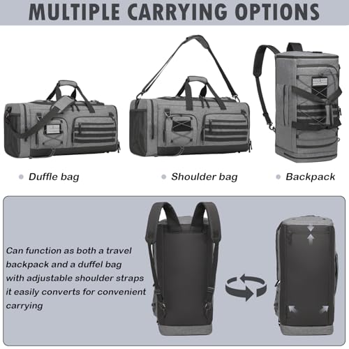 50L Tactical Gym Bag for Men and Women with Shoe & Laptop Compartment | Extra Large Duffle Bag, 3-in-1 Travel Sports Duffel Bags MOLLE Weekender Overnight Bag for Gym, Travel, Black + Gray - color: Black + Gray