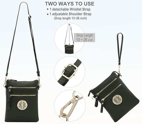 Solene Small Multi Zipper Pockets Crossbody Bag with Detachable Wristlet - color: Olive