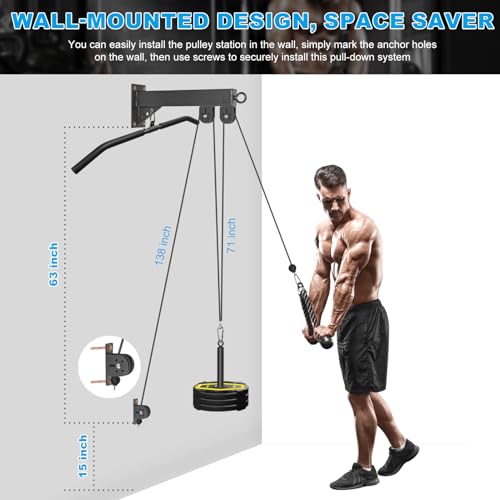 Wall Mounted Pulley System, Low Cable Machine Pulley System for LAT Pulldown, Biceps Curl Home Gym Equipment with Fitness Pull Down Bar, Tricep Rope - style: Wall Mounted Pulley System