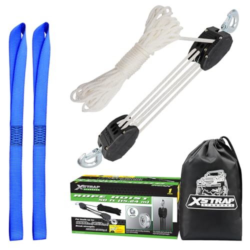 XSTRAP STANDARD Heavy-Duty 50 FT Reflective Rope Hoist Pulley System, White | Metal Wheels Bearing 2000 LB Breaking Strength Block and Tackle Pulley System for Lifting Heavy Objects, with 2pcs Soft Loops - color: 50ft White Upgraded