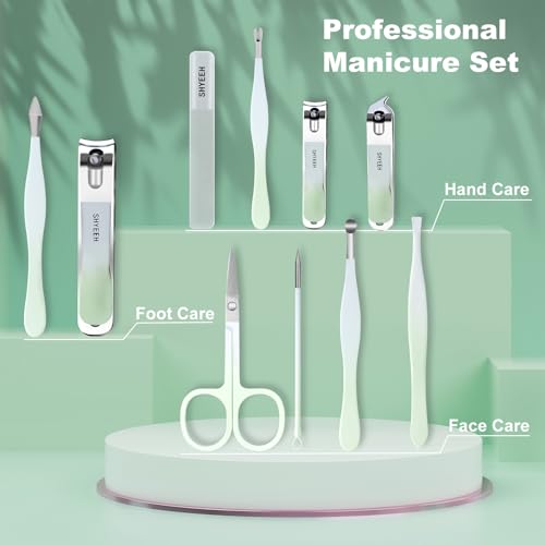 Manicure Set, 10 pcs High-Carbon Steel Nail Clippers Set, Portable Mini Manicure and Pedicure Kit, Travel Grooming Nail Kit with Leather Bag for Men and Women - color: Green
