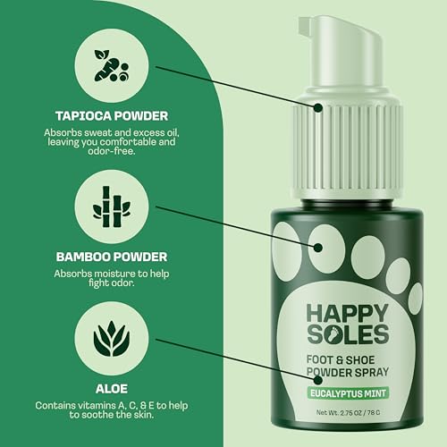 Foot & Shoe Deodorizer Powder Spray - Talc-Free, Vegan, Non-Aerosol Mess-Free Spray - Absorbs Sweat & Fights Odor with Bamboo & Tapioca - Long-Lasting Freshness & Comfort (Eucalyptus Mint)