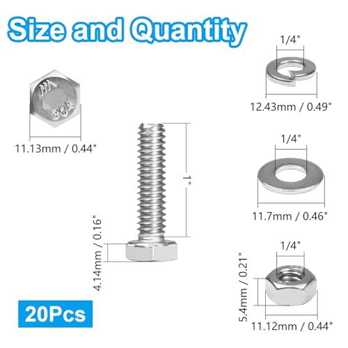 MroMax 20 Sets 1/4-20 x 1 Hex Head Screw Bolt, Nuts, Flat Washer & Spring Lock Washers Kits,Fully Threaded, Stainless Steel 18-8（304）, Bright Finish - size: 1/4-20 x 1" (20 Sets)