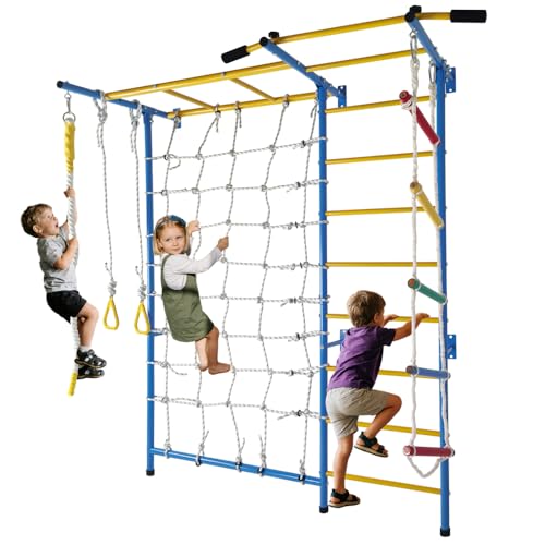 Wall-Mounted Indoor Fitness Station with Pull-Up Bar, Rope Ladder, Monkey Bars, Climbing Wall, Gymnastic Rings and Wall Ladder