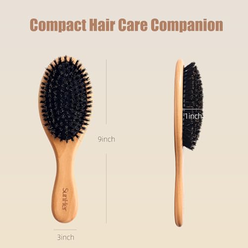 Boar Bristle Hair Brush, 100% Soft Bristle Brush for Fine Thin Hair | Beech Wood Handle, Gentle Scalp Massage, Smooths Frizz, Distributes Natural oils. Women, Kids & Toddler gift - color: Pale Oak