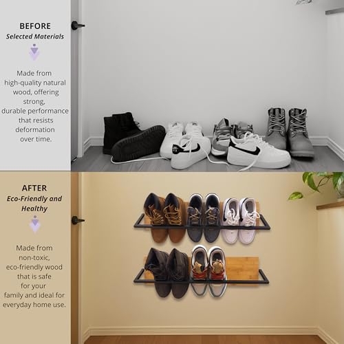 Wall Mounted Shoe Rack Scandinavian Bamboo & Metal Shoe Storage, Space-Saving Organizer for Entryway & Hallway, Fits All Shoe Sizes, Hanging Shoe Rack