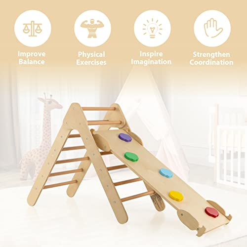 OLAKIDS Pikler Triangle Set 3 in 1 Climbing Toys for Toddlers Wood Montessori Baby Jungle Gym with Ramp Ladder Slide Kids Indoor Playground Activity Play Structure - color: Wooden