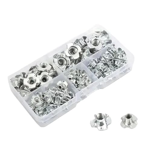 CHATROOM 90pcs/Box M3 M4 M5 M6 M8 Carbon Steel T-Nuts Four Claws Nut Assortment Kit for Wood Rock Climbing Holds Cabinetry Furniture