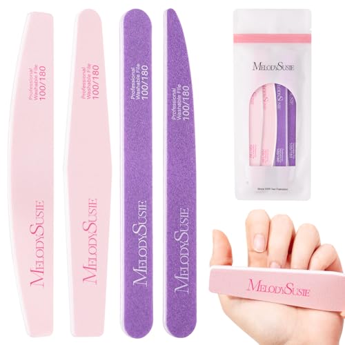MelodySusie 4Pcs Professional Nail Files 100/180 Grit, Double Sided Emery Boards for Acrylic, Gel and Natural Nails, Manicure Pedicure Shaping Tools for Home Salon, Pink & Purple - size: 4Pcs Mix Shape
