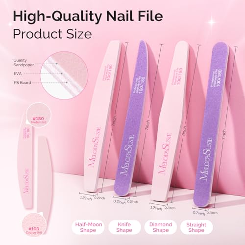 MelodySusie 4Pcs Professional Nail Files 100/180 Grit, Double Sided Emery Boards for Acrylic, Gel and Natural Nails, Manicure Pedicure Shaping Tools for Home Salon, Pink & Purple - size: 4Pcs Mix Shape