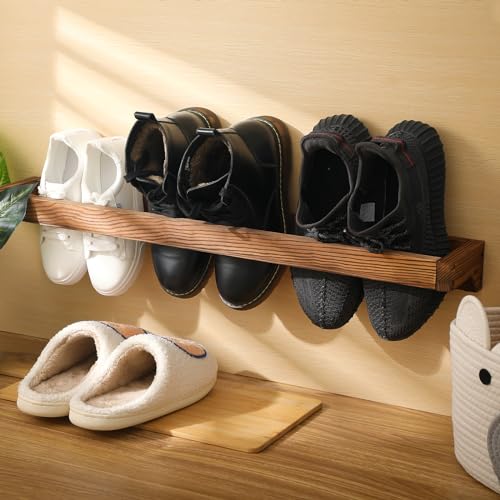Wenqik 2 Pcs Wall Mounted Wooden Shoe Rack 30 Inch Rustic Wood Wall Hanging Shoe Rack Space Saving Footwear Holder Shoes Storage Organizer for Mudroom, Entryway, Closet (Burnt Wood) - color: Burnt Wood
