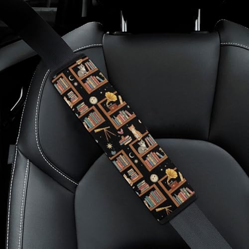 Universal Soft and Comfortable Seat Belt Cover for Adult Use, Stroller Pushchair High Chair, 2 Pack Aesthetic Bookshelf Cat Shoulder Harness Cover - color: Pattern 201