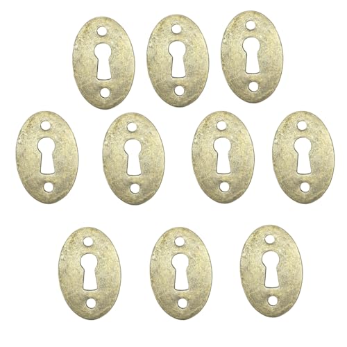 Oval Stamped Antique Brass Decorative Keyhole Cover Plate, Keyhole Escutcheon Plate for Cabinet, Door, Dresser, Drawers, Desk Furniture Hardware 10 Pack