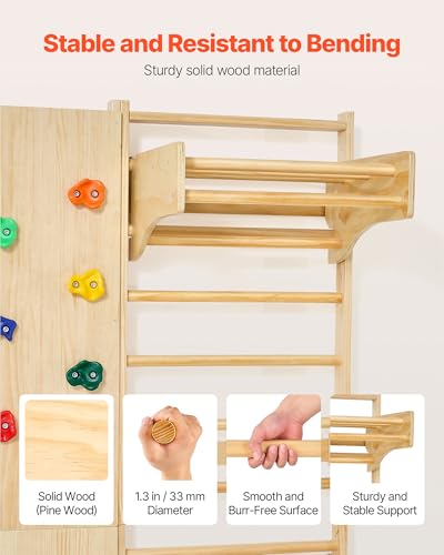 VEVOR Swedish Ladder Wall Gym, 9-in-1 12-Level Solid Wood Gymnastic Stall Bars for Kids Adults, 220LBS Indoor Jungle Gym with Rock Climbing Wall, Gym Rings, Pull-Up Bar, Climbing Board, Slide, Swing - style: 12-Level 9-in-1