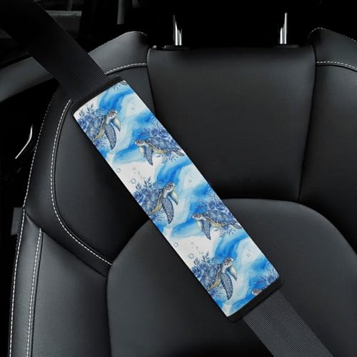 2PCS Universal Fit Car Seat Belt Pad for Kids, Most Cars, Blue Flowers Ocean Sea Turtle Floral Seat Belt Cushion, Shock Absorption - color: Pattern 1201