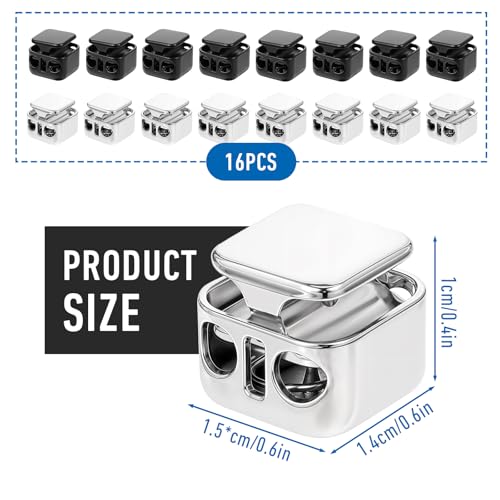 16PCS Metal Heavy Duty Cord Locks, 4mm Rustproof Double Hole Draw String Clip Stopper Fastener Spring Stop Toggle Stoppers Drawstring Clip for Shoelaces Drawstring Hoodie Paracord