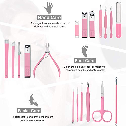 Manicure Set Professional Nail Clippers Kit Pedicure Care Tools- Stainless Steel Women Grooming Kit 18Pcs for Travel or Home (Pink) - color: Sakura Pink
