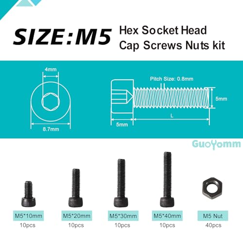 M5 x 10mm 20mm 30mm 40mm Hex Socket Head Cap Screws Bolts and Nuts, 12.9 Grade Alloy Steel, Black Oxide Finish, Metric Allen Drive, Fully Thread, Assortment Kit 80PCS - size: Socket M5x10-40mm+Nuts