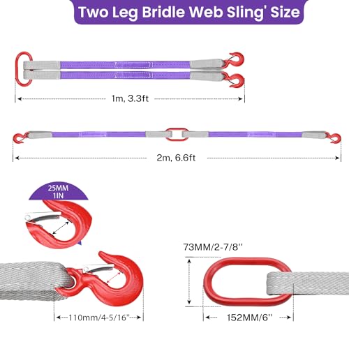 Lifting Slings Straps with Hooks - 3.3 FT, 4409LB Pounds Capacity, Polyester Bridle Sling, Heavy Duty Two Leg Rigging Strap for Engines, Cranes, Hoists, Truck, Purple