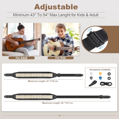 Bass Guitar Strap, Jacquard Embroidery Guitar Strap with Head Cowhide Leather End for Bass, Electric & Acoustic Guitars, Comes with Complete Accessories, Comfortable and Intimate, Elegant Green Flower - color: Elegant Green Flowers