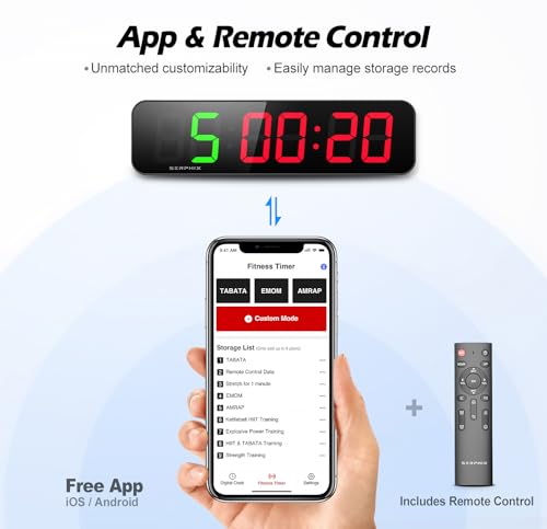 15.2" Gym Timer, App & Remote Control, Customizable LED Colors, Wall Clock | Large Digital Wall Clock, Count Down & Up, Stopwatch,Custom Intervals (P1-P9), Tabata, EMOM, AMRAP, Interval Workout Timer