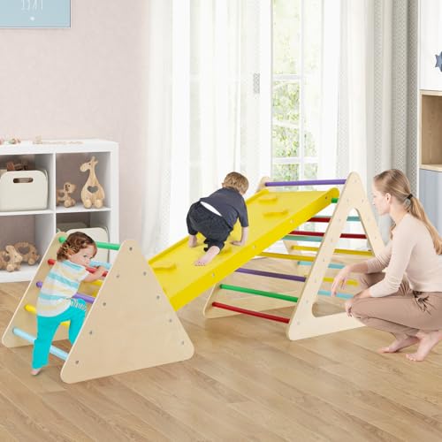 HONEY JOY Pikler Triangle Set, 5 in 1 Montessori Wooden Triangle Climber w/ 2 Stackable Ladders & Climbing Ramp, 3-Piece Baby Indoor Playground Jungle Gym, Climbing Toy for Toddlers, Colorful - style: 5 In 1 Yellow