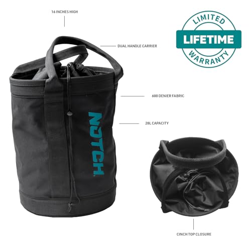 Notch Pro 250 Black/Teal Rope Bag, 28L Capacity, Holds 250 ft. of ½ in. rope, Dual Handles, Cinch Top Closure, 600 Denier Fabric with Reinforced Seams, H: 16” x W: 12” (40025BT)