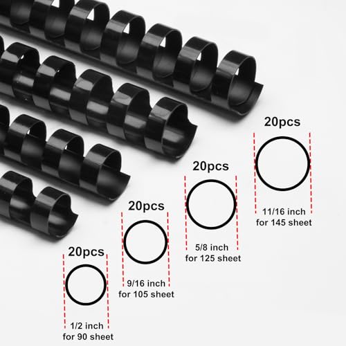 Rayson CR12141618BK Plastic Binding Combs 1/2in. 9/16in, 5/8in, 11/16in, 19-Ring Letter Size, Black Comb Binding Spines, Multi-Size Pack of 80 - color: Black, size: Letter size - 1/2in, 9/16in, 5/8in, 11/16in,