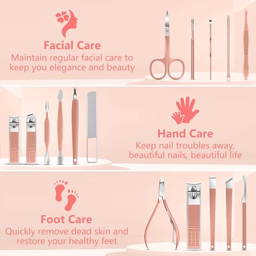 Manicure Set 16Pcs Professional Stainless Steel Pedicure Kit Mens Grooming Kit Fingernail & Toenail Clippers Set Manicure Kit with Luxurious Travel Bag, Sharp Nail Scissors and Clipper (Pink) - color: 16Pcs-Pink