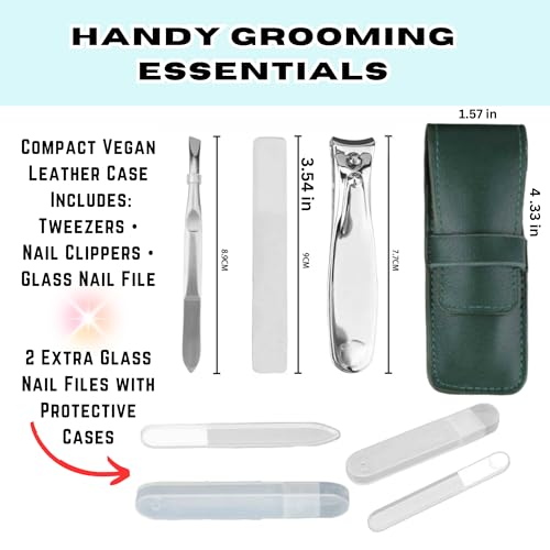 All-in-One Glass Nail File Kit with Case – Compact Vegan Leather Manicure Set with Tweezers, Clippers, Buffer & Cuticle Pusher + 2 Bonus Glass Nail Files in Cases – Travel Gift for Women & Men