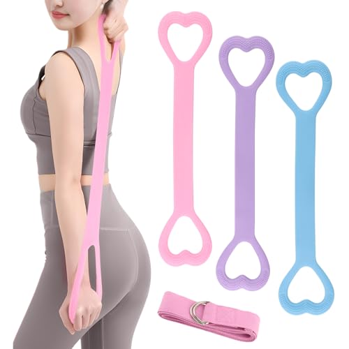 ‌Figure 8 Resistance Bands for Women & Men - 3 Levels (15lb/25lb/35lb) Silicone Workout Bands for Arms, Back, Shoulder Toning & Posture Correction - Portable Home Gym/Yoga (Pink+Blue+Purple)