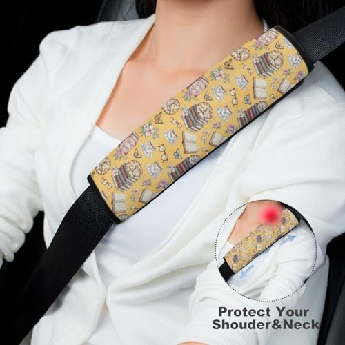 2PCS Book Cat Pink Flower Spring Art Seat Belt Cover Soft Padded Neck Strap Covers for Kids, All Vehicles, Comfortable Driving - color: Pattern 164