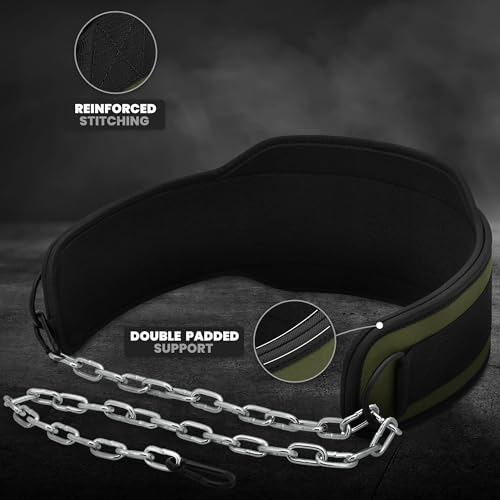 RDX Dip Belt for Weight Lifting, Heavy Duty 36 Inch Adjustable Steel Chain, Dipping Belt Chin Pull Ups Gym Training Bodybuilding Powerlifting Fitness Workout, 6” Padded Neoprene Back Support Men Women - color: Army Green