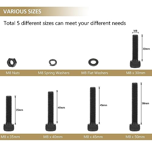 72 Pieces Black M8 x 30/35 /40/45 /50 mm Hex Socket Head Cap Screws Nuts Washers Assortment Kit, 12.9 Grade Alloy Steel - size: M8 x 30/35/40/45/50mm, style: Socket Head