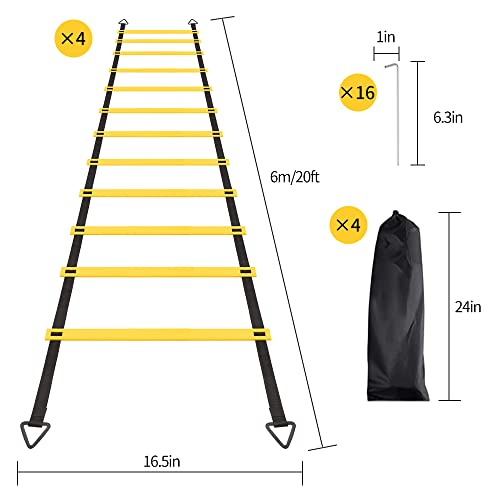 12 Rungs Agility Ladder Set, Training Ladder with Steel Stakes and Carry Bag for Soccer, Speed Fitness Feet Training - color: 4 Pack-Yellow