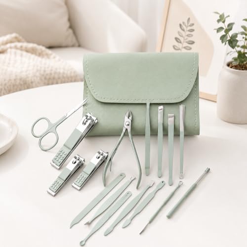 16 Piece Stainless Steel Manicure & Pedicure Set, Professional Nail Clippers Kit with Ear Spoon, Cuticle Tools, Scissors, Files, Folding Bag - Complete Home Nail Care Grooming Kit