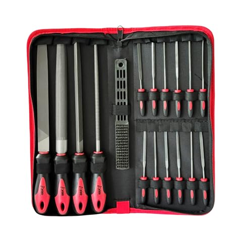 17 Piece Metal File Set with Carrying Case, Precision Filing Tools with Ergonomic Handles, Orange and Black, 8inch