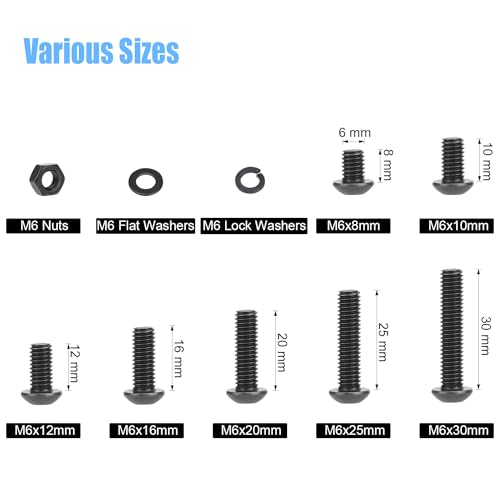 DYWISHKEY 152 Pieces M6 Black Screws, 10.9 Grade Alloy Steel M6x 8/10 /12/16 /20/25 /30mm Button Head Socket Cap Screws Bolts Nuts Washers Assortment Kit - size: M6, style: Button Head Socket Cap