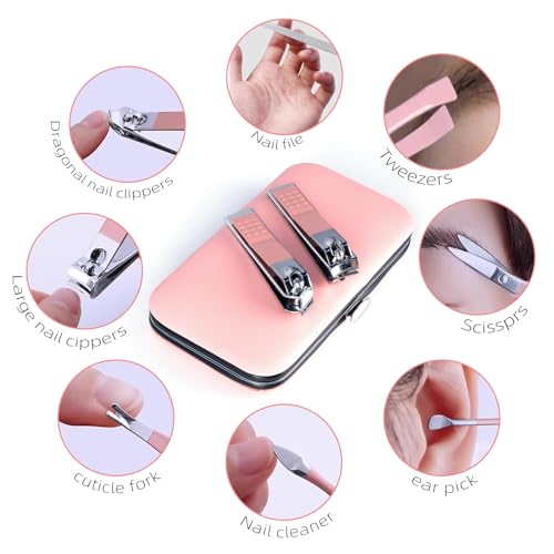Manicure Set 8 in 1 Nail Clipper Set,RedFlow Nail Clippers,Fingernail & Toenail Clippers,Manicure Tools,Pedicure Tools,Suitable for Travel Manicure Kit,Nail Set Kit with Everything Profe (Pink) - color: Pink