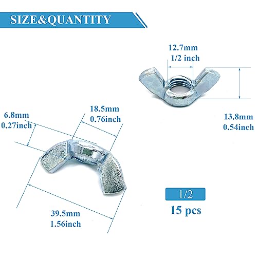 15 PCS 1/2-12 Inch Wingnuts, Quality Carbon Steel Wing Nuts Zinc Plated Fasteners Parts Butterfly Nut, Hand Twist Tighten Hardware Nuts Butterfly Wing-Nut 1/2-12” Assorted Kit - size: 1/2"-12 - Carbon Steel - 15 Pcs