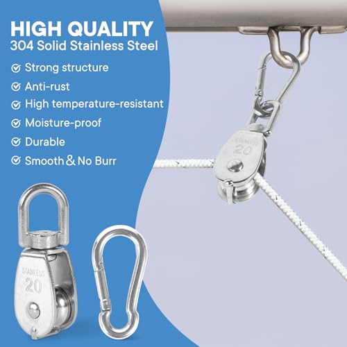6X 304 Stainless Steel M20 Single Swivel Rope Pulley Blocks with Snap Hooks | 360° anti-twist swivel pulley. For lifting, towing & hanging wire rope on crane/outdoor. Has spring snap hooks for fast fit - size: M20-6pcs