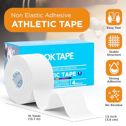 OK TAPE 4 Rolls White Athletic Tape, Sports Tape, Very Strong Easy Tear Wrist Ankle Tape, No Sticky Residue | Athletes, Medical, Athletic Trainers- 1.5inch x 15yards - color: White-4 Rolls, size: 15 yards