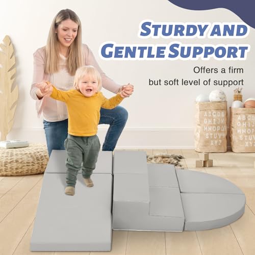 TODIBY 6-Piece Soft PU Leather Toddlers Climbing Toys, Baby Foam Climbing Blocks for Kids 3, Baby Climbing Structures Play Gym for Toddlers, Indoor Climb and Crawl Activity Play Set - style: Grey