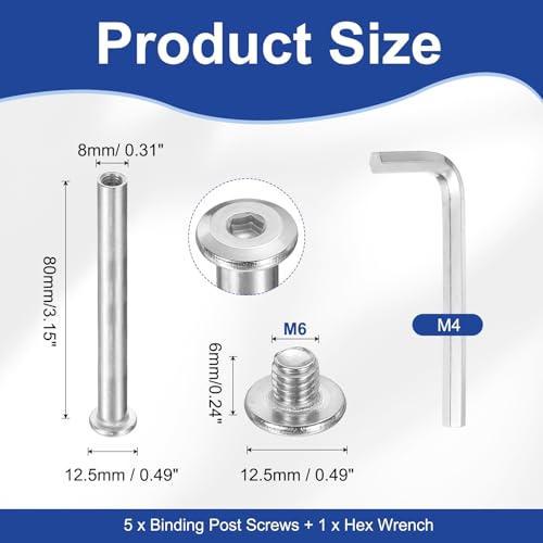 PATIKIL M6x6mm Hex Chicago Screws 8x80mm, 5Pcs 304 Stainless Steel Metric Hex Drive Socket Cap Binding Post Screw Posts for Scrapbook Leather Belt Album Furniture Repair, Silver - size: M6x6mm, 8x80mm