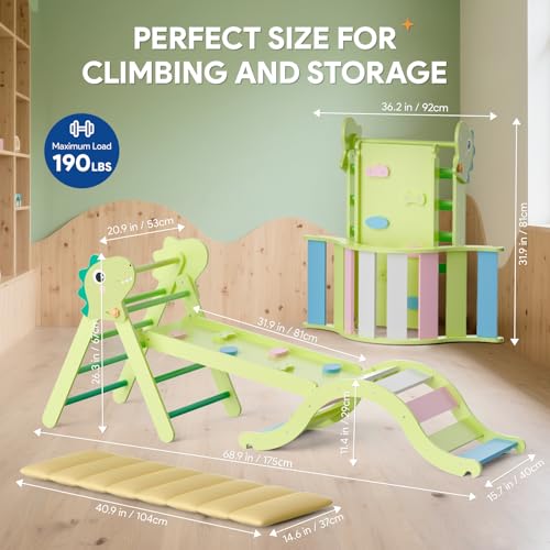 Pikler Triangle Set with Cushion, 9-in-1 Climbing Toys for Toddlers Inside, Foldable Wooden Climbing Toys Indoor Montessori Climbing Set for Toddler 1-3
