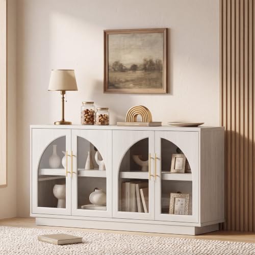 Fatmok 59" Buffet Cabinet with Glass Doors, Modern Arched Sideboard with Large Storage and Adjustable Shelves, Accent Console Credenza for Dining Room, Living Room, Entryway, White Wood Grain - color: B-white Wood Grain