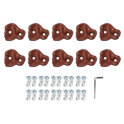 10PCS Rock Climbing Holds, PE Ergonomic Design with Rock Texture for Indoor Outdoor Climbing Wall, Includes Screws and Wrench Tools - color: Brown