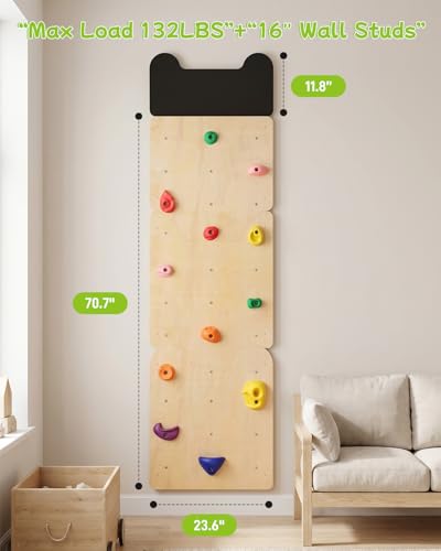 noblequest Wooden Rock Climbing Wall for Kids, Indoor Climbing Wall Panels with 12 PP Rock Holds, Customizable Routes Climbing Toy for Playroom Home Gym, Adjustable for 3+ Years